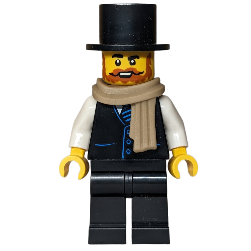 Lego Man, Black Suit, Top Hat, Dark Tan Scarf
