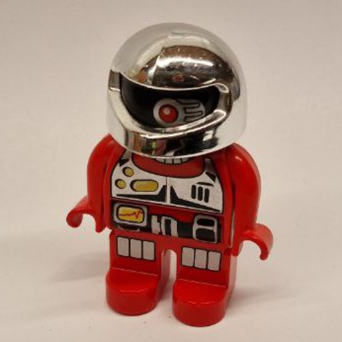 Lego Duplo Figure, Early, Helmet Chrome Silver, Red Legs, Silver Chest Panel, Black Belt with Silver Panels, Silver Knee Pads, Black Face with One Red Eye Print / Red