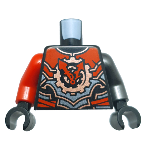 Lego Torso, Odd Arms, Red/Silver/Copper Armor, Gears/Clock with Red Dials print, Left Pearl Titanium Arm, Right Red Arm, Black Hands / Black