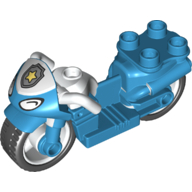Lego Duplo Motorcycle with Rubber Wheels, White Handlebars, Police Badge, and Headlights Print / Dark Azure