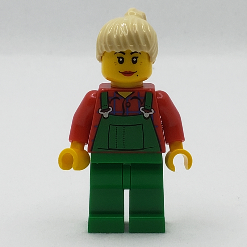 Lego Woman, Green Overalls over Red Plaid Shirt, Tan Ponytail