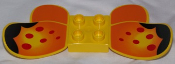 Lego Duplo Butterfly Wings with Studs 2 x 2, Black Tips, Dark Orange Background and Red Spots Print / Yellow
