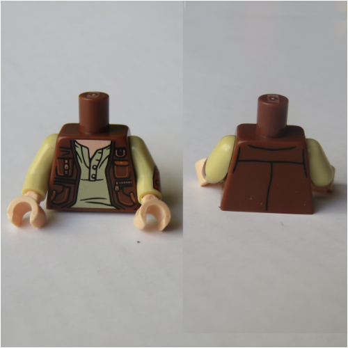 Lego Torso Vest Jacket, Open over Tan Shirt, Pockets Print (Owen Grady), Tan Arms with Reddish Brown Cuff Print on Left, Light Nougat Hands / Reddish Brown