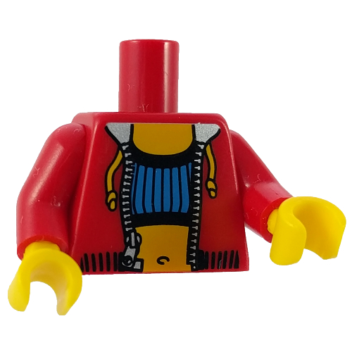 Lego Torso Hoodie with Zipper over Blue Tube Top and Navel / LEGO Logo on Back Print, Red Arms, Yellow Hands / Red
