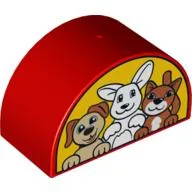 Duplo Brick 2 x 4 x 2 Curved Top with Dog, Bunny / Rabbit and Cat Print / Red