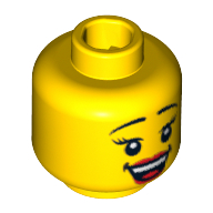 Lego Minifig Head Red Cheerleader, Thin Eyebrows, Eyelashes, Red Lips and Open Smile Print / Yellow