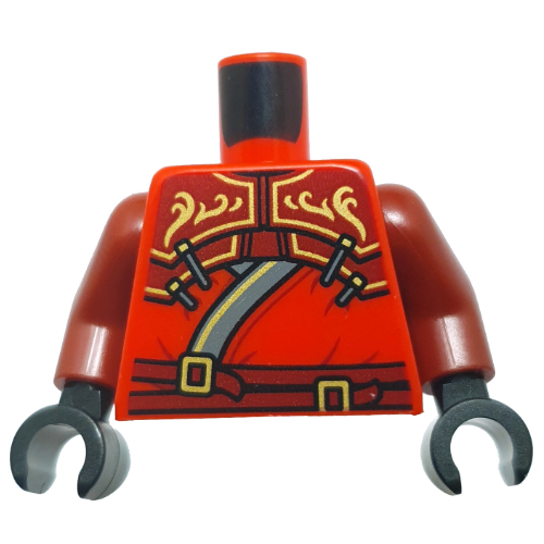 Lego Torso, Robe, Sand Blue/Gold Trim, Dark Red Armor, Straps, Gold Decorations print, Dark Red Arms, Black Hands / Red