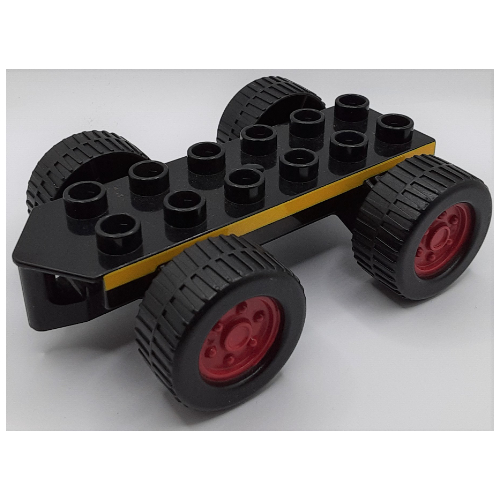 Lego Duplo Car Base 2 x 6 with Four Black Wheels and Dark Red Hubs with Yellow Stripes Print / Black