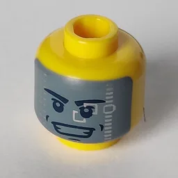 Minifig Head Galaxy Trooper, Stern Eyebrows, Mouth Lines / Dark Bluish Gray Visor with Silver Squares, Open Smile with Teeth Print / Yellow