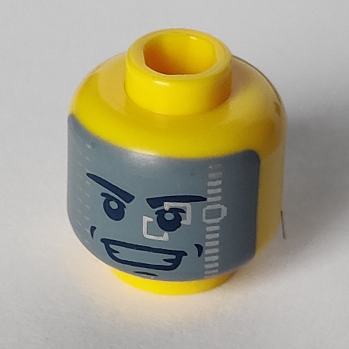 Lego Minifig Head Galaxy Trooper, Stern Eyebrows, Mouth Lines / Dark Bluish Gray Visor with Silver Squares, Open Smile with Teeth Print / Yellow