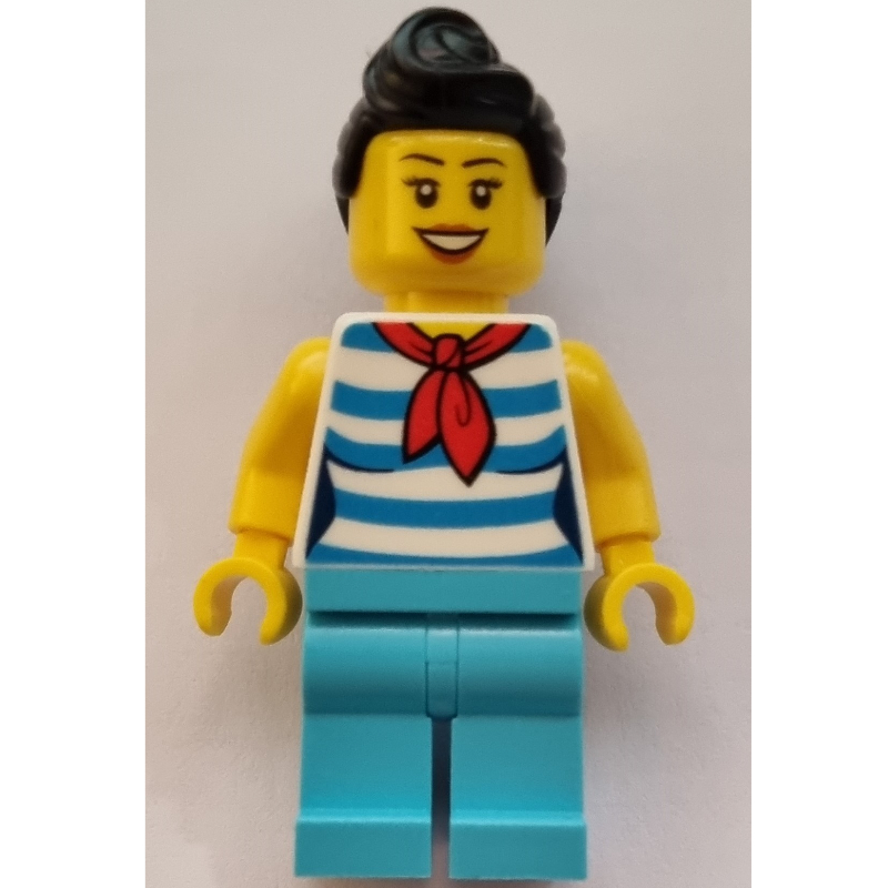 Lego White Torso, Medium Azure Legs, Black Hair