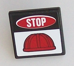 Lego Road Sign 2 x 2 Square with Open O Clip with 'STOP' and Red Construction Helmet Pattern (Sticker) - Set 60098