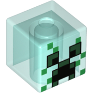 Lego Minifig Head Special, Cube with Charged Creeper Face Print / Trans-Light Blue