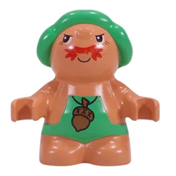 Duplo Figure Little Forest Friend, Male, Green Overalls with Acorn Necklace Print (Grumpy Toadstool) / Nougat