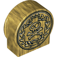 Lego Duplo Brick 1 x 3 x 2 Round Top, Cut Away Sides with Skull and Crossbones in Laurel Wreath Print / Pearl Gold
