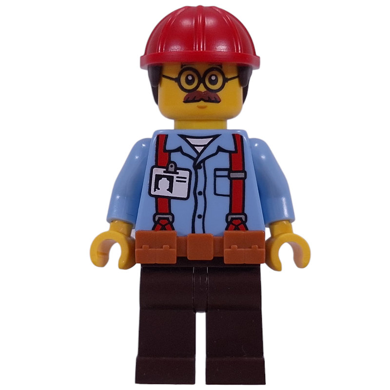 Lego Construction Worker, Ted Brickle, Bright Light Blue Shirt, Reddish Brown Legs, Dark Orange Belt, Red Helmet