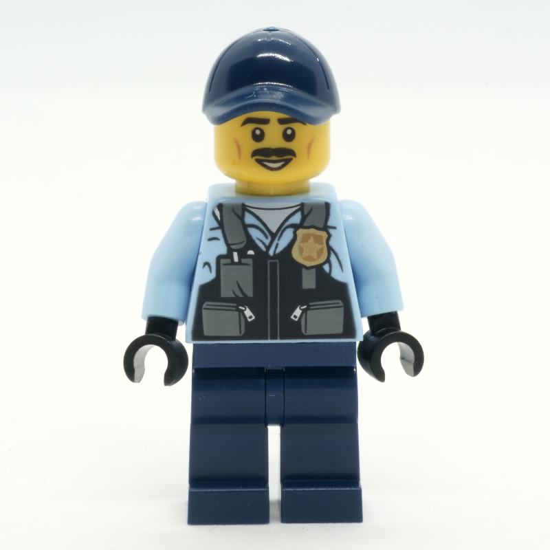 Lego Police Officer, Bright Light Blue Shirt with Police Badge, Dark Blue Legs and Cap, Moustache