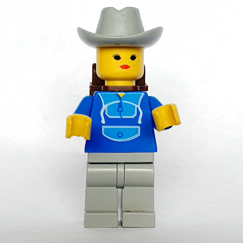 Lego Woman, Blue and Light Gray Jogging Suit, Light Gray Cowboy Hat, Backpack