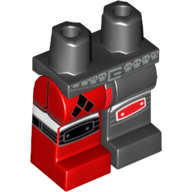 Lego Hips and Black Left Leg, Red Right Leg with Black Shorts and Red Knee Pad on Left, 3 Black Diamonds on Shorts and Black Knee Pad on Right Print