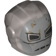 Lego Helmet with Armor Plates and Ear Protectors with Light Bluish Grey Face and Black Eyes Print (Iron Man Mk1) / Flat Silver