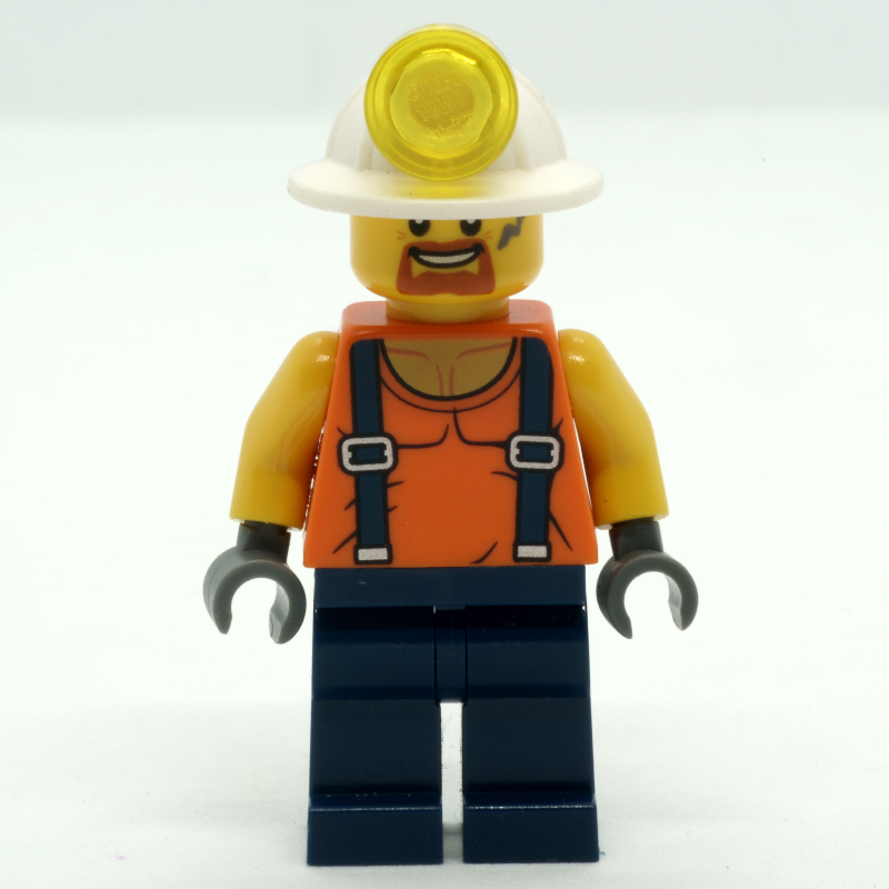 Lego Miner, Orange Vest with Suspenders, Mining Hat, Goatee Beard and Dirty
