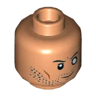 Minifig Head Wrecker, White Left Eye, Stubble Beard, Smile Print / Nougat