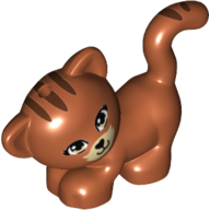 Lego Animal, Cat, Standing, Looking Left with Tan Eyes, Black Nose and Mouth and Brown Stripes Print / Dark Orange