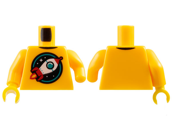 Lego Torso Red and White Retro Space Rocket in Black and Dark Turquoise Circle with Stars Pattern / Bright Light Orange Arm Left with Congenital Defect, without Hand Hole / Bright Light Orange Arm Right / Yellow Hand Right