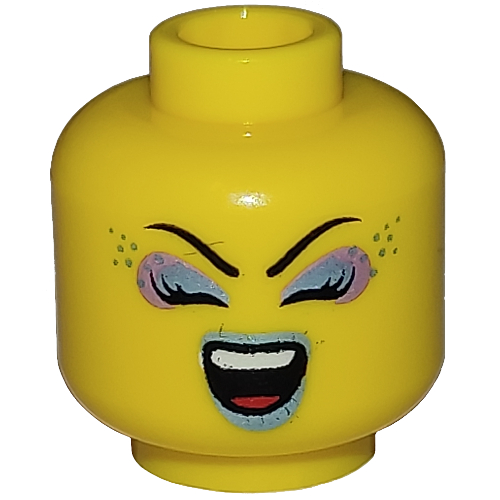 Lego Minifig Head, Pink and Light Blue Eye Shadow, Light Blue Lips, Smile, Open Eyes / Closed Eyes Print / Yellow