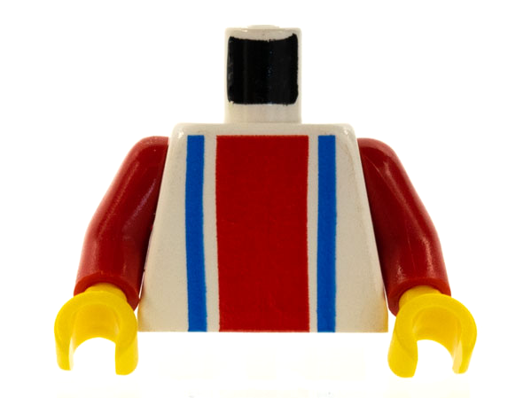 Lego Torso with Vertical Thick Red Stripe and Thin Blue Stripes Pattern / Red Arms / Yellow Hands