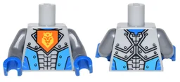 Torso Nexo Knights Armor with Orange Emblem with Yellow Crowned Lion, Dark Azure Panels Pattern / Flat Silver Arms / Blue Hands