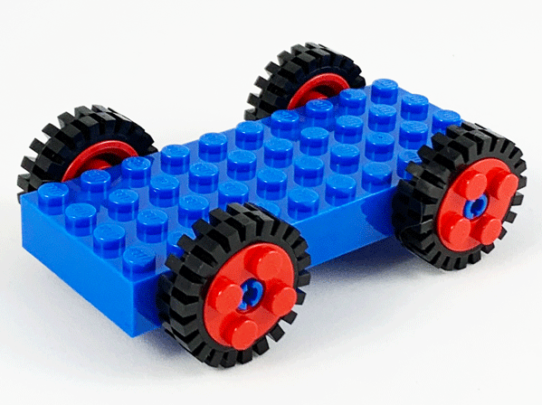 Lego Brick, Modified 4 x 10 with 4 Pins with 4 Red Wheel FreeStyle with Technic Pin Hole and 4 Black Tire 24mm D. x 8mm Offset Tread - Interior Ridges (30076 / 6248 / 3483)