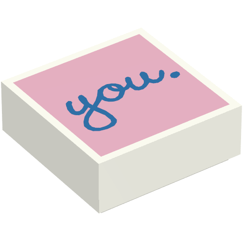 Lego Tile 1 x 1 with Blue 'you' on Bright Pink Background print / White