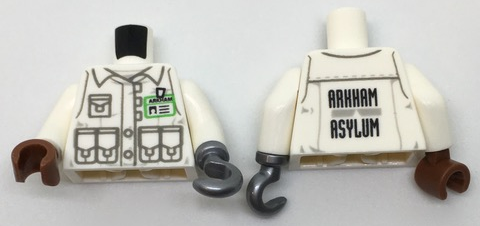Lego Torso Jacket with 5 Pockets, Bright Green ID Badge and 'ARKHAM ASYLUM' on Back Pattern / White Arms / Flat Silver Hook Left / Reddish Brown Hand Right