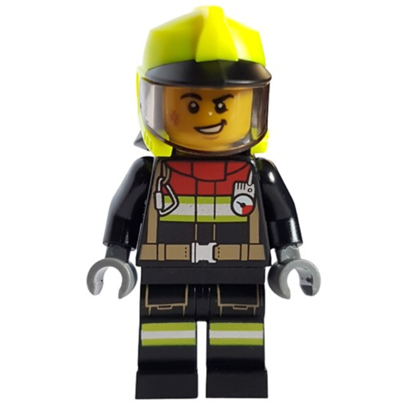 Lego Firefighter, Black Fire Suit, Vibrant Yellow Helmet