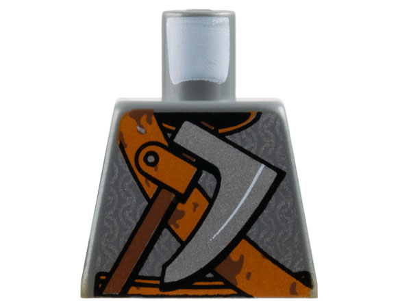 Lego Torso Viking Chain Mail, Dark Orange Belt and Shoulder Strap, Silver Axe with Reddish Brown Handle Pattern