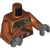 Lego Torso, Dark Green Cloak, Reddish Browns Strap, Belt, Armor, Pouch, Dagger on Back print, Dark Orange Arms, Dark Bluish Gray Hands / Dark Orange