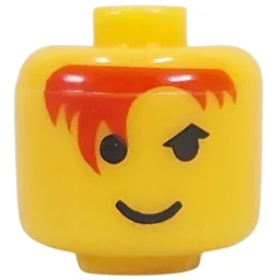 Pen Bead, Round Large, Curved Edges / Cylinder with Minifig Head with Red Hair Print / Yellow