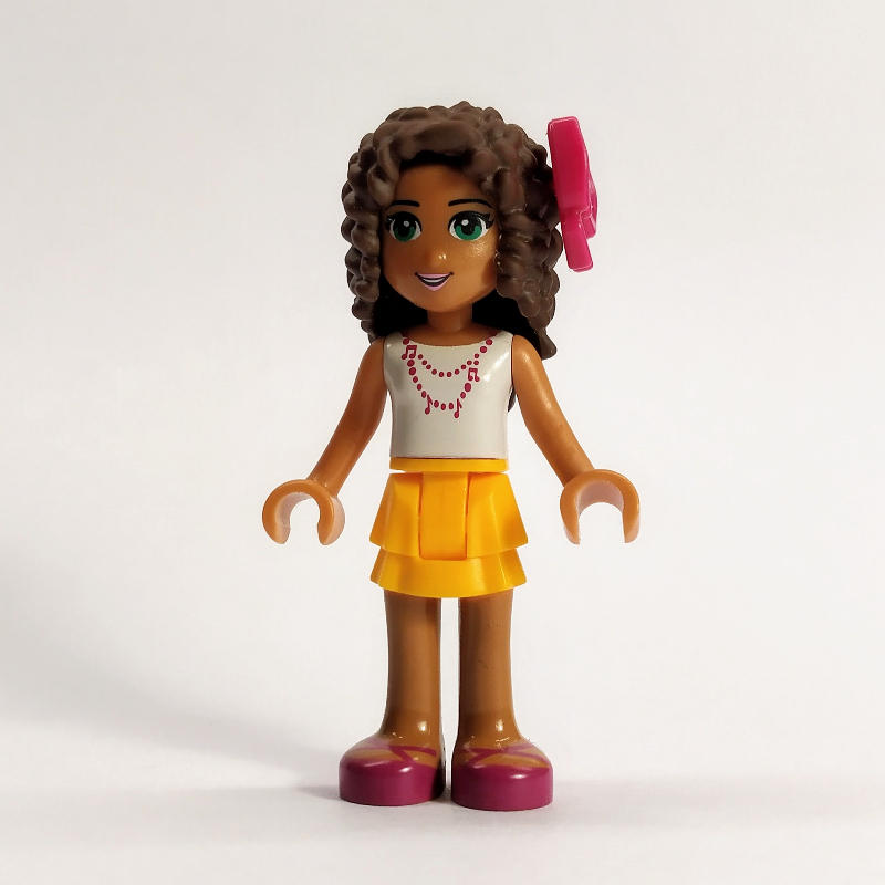 Lego Andrea - White Top, Bright Light Orange Skirt. Magenta Bow