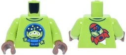 Torso Shirt with Dark Blue Trim and Dark Azure Circle, Stars and Toy Story Alien, Red Rocket on Back Pattern / Lime Arms / Medium Brown Hands / Lime