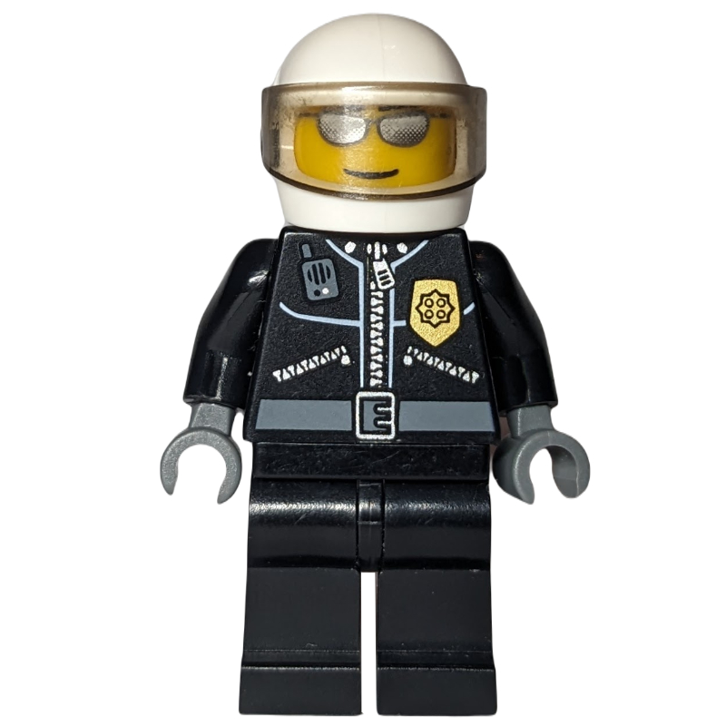 Lego Policeman, Black Jacket with Radio and Badge, White Helmet with Visor, Sunglasses
