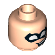 Lego Minifig Head Robin, Dual Sided, Black Pointed Eyemask, Open Mouth Crooked Smile Print [Hollow Stud] / Light Nougat
