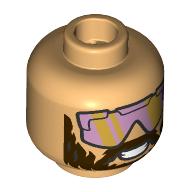 Lego Minifig Head Garrett, Black Eyebrows, Thick Dark Brown Beard, Open Mouth Scream / Metal Pink/Gold Visors, Smile / Warm Tan