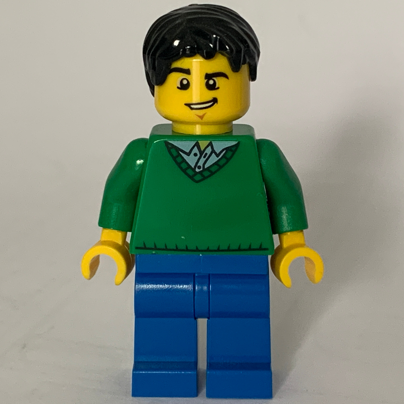 Lego Man, Green V-Neck Sweater, Blue Legs, Black Hair