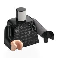 Lego Torso, Odd Arms and Hands, Black Armor, Straps, Utility Belt, Armor, Dark Red Star on Left Arm print, Left Black Arm and Light Nougat Hand, Right Flat Silver Arm and Black Hand / Black