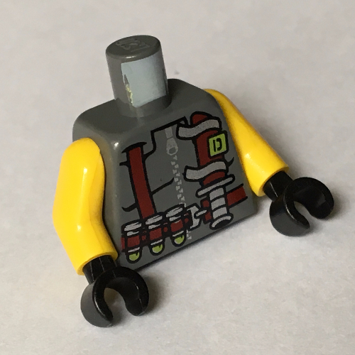 Lego Torso Vest with Dark Red Harness, 3 Bullets and Knife Print, Yellow Arms, Black Hands / Dark Bluish Gray