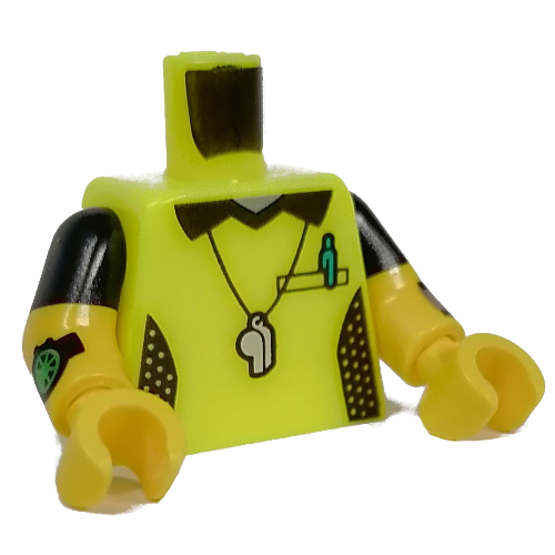 Lego Torso, Dual Molded Arms with Referee Shirt, Whistle, Watch print, Black Sleeves Pattern, Yellow Arms and Hands / Vibrant Yellow