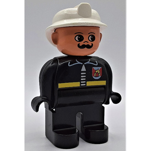 Lego Duplo Figure, Early, Fire Helmet White, Black Legs, Fire Jacket with Zipper, Moustache Print / Black