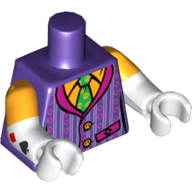 Lego Torso, Dual Molded Arms, Vest, Striped, Green Tie Print, Bright Light Orange Sleeves Pattern, White Arms and Hands / Dark Purple