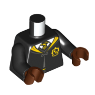 Lego Torso Robe, Cloak, Yellow Tie, Trim, Hufflepuff Crest print, Black Arms, Reddish Brown Hands / Black